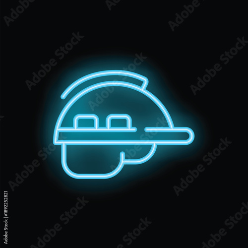 Blue neon icon of a construction helmet glowing on a dark background, representing safety in industrial environments
