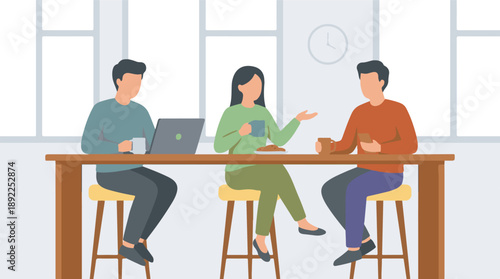 Colleagues discussing ideas during a coffee break in a modern office