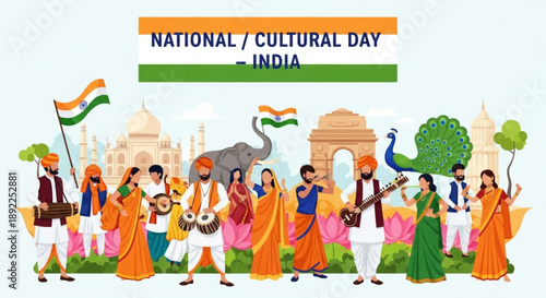 Vibrant indian cultural festival procession with diverse people elephant peacock and iconic landmarks