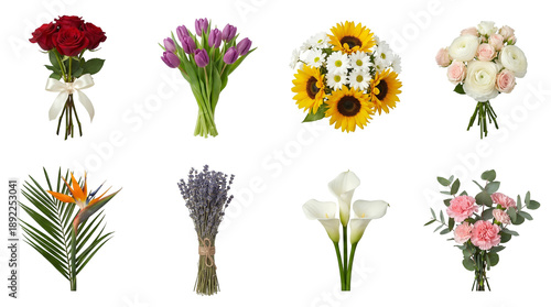 Fresh flower bouquet set including red roses, purple tulips, yellow sunflowers, white lilies, and pink carnations isolated. Floral arrangement and gift collection.