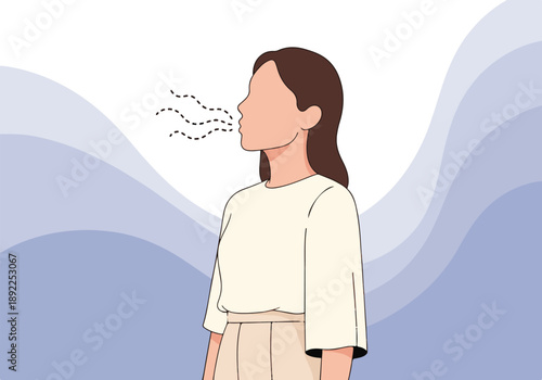 Woman exhaling deeply or blowing air, symbolizing fresh breath or relief