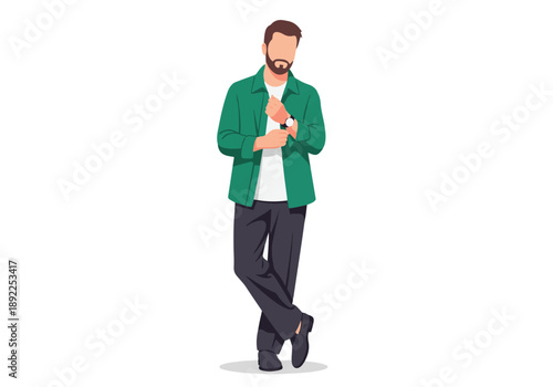 Stylish man with beard adjusting watch and shirt cuff, modern vector illustration