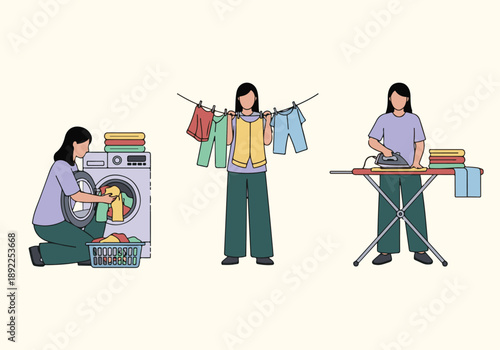 Woman doing laundry: washing, drying, and ironing clothes at home