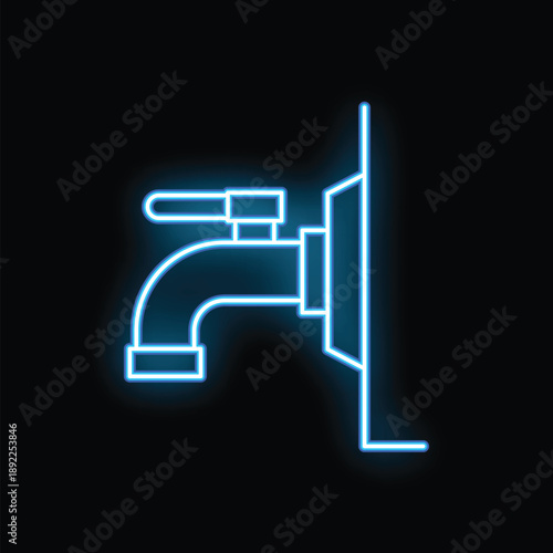 Blue neon sign of a water tap with a pipe on a wall on a black background