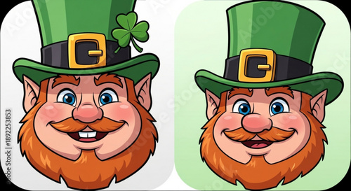Two cheerful leprechaun faces with green hats and beards on white and light green backgrounds for st patrick's day