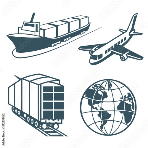 Global Freight Transportation and Cargo Shipping Vector Icons