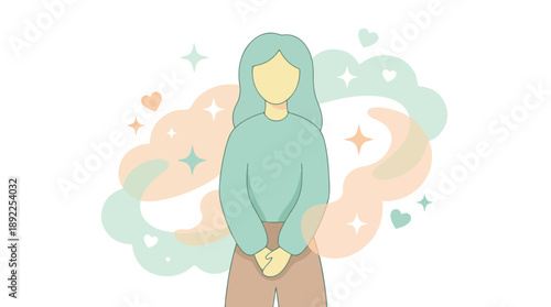 Minimalist vector illustration of a faceless woman with abstract pastel shapes
