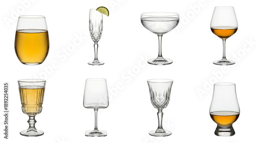 Drinking glass set including wine, champagne, coupe, whiskey, and goblet variants isolated. Alcohol beverage service and bar equipment collection.