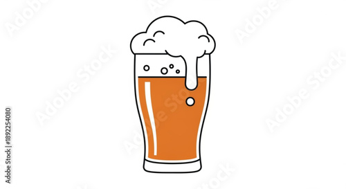 Illustration of a tall glass filled with beer and overflowing foam isolated on white background detailed and colorful