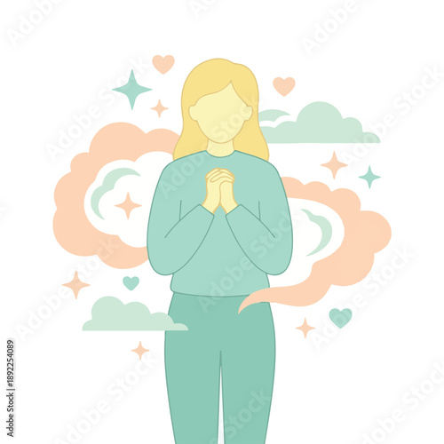 Minimalist illustration of woman praying or contemplating with serene thoughts