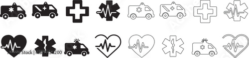 Medical and Emergency Service Icons Set. Ambulance, Cross, Star of Life, Heartbeat EKG Symbols. Vector in Black Filled and Outline Style. isolated PNG with Transparent Background