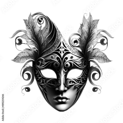Black and white ornate masquerade face mask with baroque floral leaves. Elegant Venetian carnival mask illustration in halftone style, decorative theatrical symbol isolated on white.