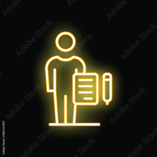 Neon glowing yellow stick figure holding a pen and a document, isolated on a black background