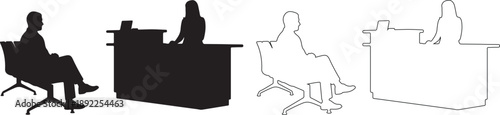 Isolated Vector Silhouettes and Outlines of People Sitting and Working at Reception Desk isolated PNG with Transparent Background