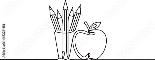 continuous line drawing of pencils apple. one line Art icon drawing vector