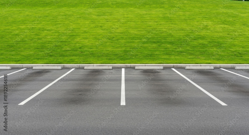 Obraz premium A vacant parking lot with marked spaces, a concrete curb, and a grassy hillside