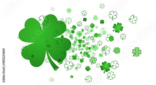 Large green four leaf clover surrounded by smaller clovers in various shades st patrick's day symbol luck concept festive illustration