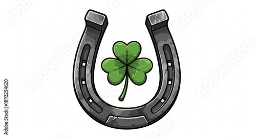 Lucky horseshoe with green four leaf clover symbolizing good fortune and prosperity on white background