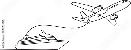 continuous line drawing of cruise ship and passenger airplane. one line Art icon drawing vector