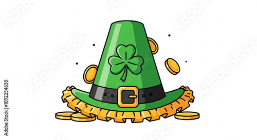 Lucky st patrick's day green hat with shamrock and gold coins on white background for irish celebrations