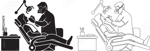 Dentist Examining Patient in Dental Chair Vector Illustration. Isolated Silhouette and Outline Graphics. isolated PNG with Transparent Background