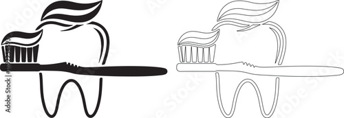 Black and Outline Toothbrush with Toothpaste and Tooth Vector Icon Set isolated PNG with Transparent Background