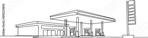 Single one-line drawing of a big gas station in town. one line Art icon drawing vector