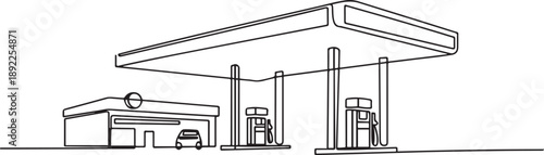 Single one-line drawing of a big gas station in town. one line Art icon drawing vector