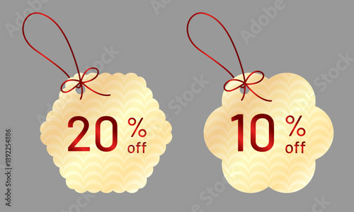 10%と20%の割引が入った上品なセール・値札ラベルセット。クリーム色の背景に和風の波紋様と水彩風テクスチャをあしらったデザイン。赤い紐付きの高級感ある吊り下げ札。冬のセール、お正月、季節のキャンペーンや小売店向けのベクターイラスト。