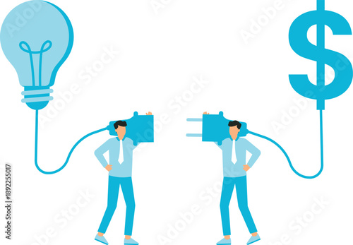 Venture capital or financial support for startup company, make money idea or idea pitching for fund raising concept, businessman and woman connect lightbulb with money dollar sign.
