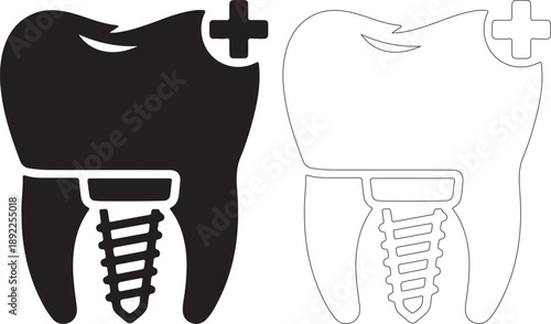 Black and White Dental Implant Tooth Vector Icon with Medical Plus Sign isolated PNG with Transparent Background