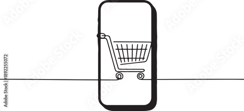 Single one-line drawing shopping cart on a smartphone. one line Art icon drawing vector