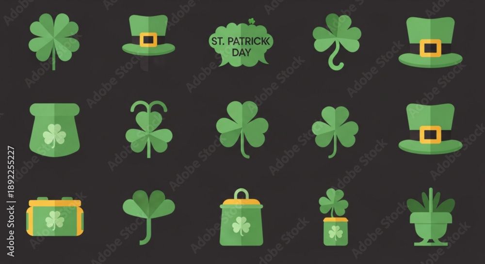 Fototapeta premium St. Patricks Day Icons Set with Shamrocks and Leprechaun Hats on Black Background