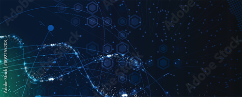 Futuristic scientific hexagons structure, DNA strands, connected neural web