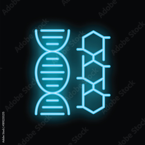 Glowing neon icon representing the scientific fields of biology, genetics and chemistry