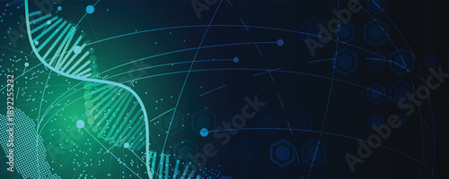 Futuristic scientific hexagons structure, DNA strands, connected neural web