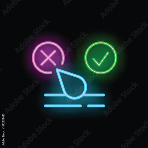 Glowing neon icon of a water drop passing through a surface, with a green check mark and a red cross mark, representing permeability or impermeability