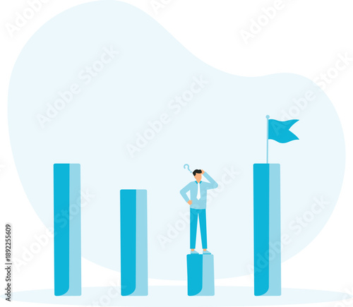 Effort to reach target or achieve success goal, ambition or determination to grow and reaching goal, courage and growth concept, businessman climb up chart and graph to the top of high bar.
