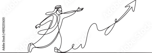 Single continuous line drawing strong Arabian businessman throwing rising up arrow to achieve goal. one line Art icon drawing vector