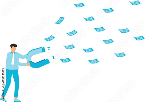 Money magnet and power to attract business opportunity and earn more profit or increase wealth and salary raise or earn more income concept, businessman hold high power magnet to draw money banknotes.