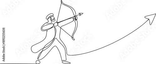 Single continuous line drawing strong Arabian businessman throwing rising up arrow to achieve goal. one line Art icon drawing vector