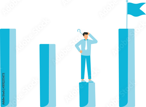 Effort to reach target or achieve success goal, ambition or determination to grow and reaching goal, courage and growth concept, businessman climb up chart and graph to the top of high bar.

