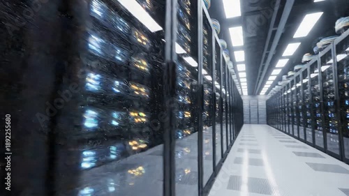 Modern data center interior featuring rows of server racks with blinking lights. High-performance technology infrastructure and cloud computing concept in 4K resolution.