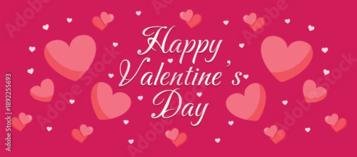 Happy Valentine’s Day celebration banner with pink background, floating heart illustrations, romantic typography lettering, and festive love elements perfect for greetings, social media posts, cards