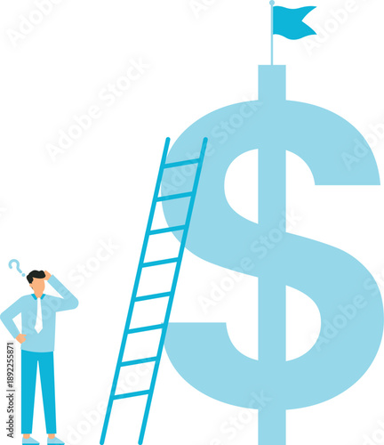 Money ladder to achieve financial independent goal, challenge to reach investment target or wealth planning strategy concept, businessman starting to climb up ladder to the top of money dollar sign.
