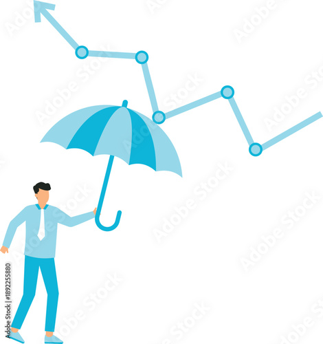 Economic recovery and business protection or stock market bounce back from recession concept, businessman holding strong umbrella to recover red arrow economic graph

