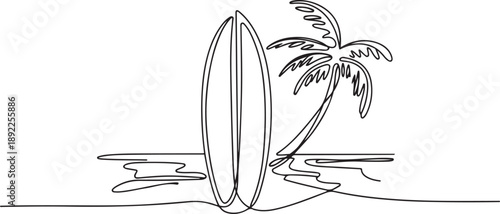 Continuous single one line surfing board standing up in sand beach with palm tree. Vector illustration. one line Art icon drawing vector