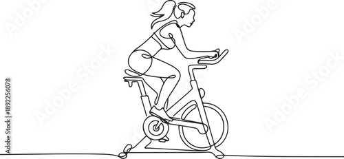 Continuous single line sketch drawing of athletic woman riding static bicycle at gym training. one line Art icon drawing vector