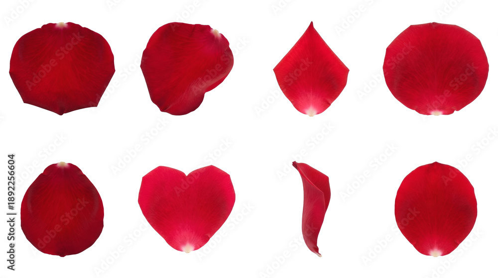Fototapeta premium Red rose petals set including various shapes, heart, side view, and curved positions isolated. Romantic floral collection for wedding and valentines day.