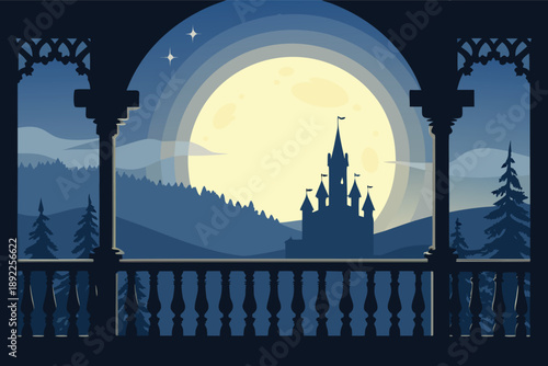 Queen Balcony Moonlit Castle View Illustra
